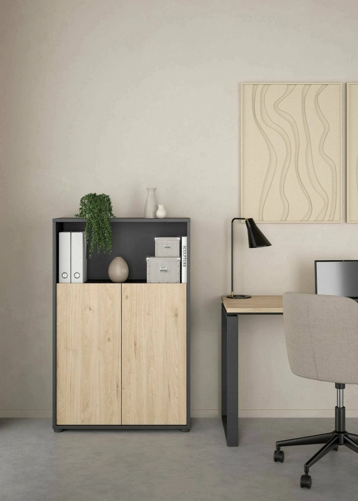 Credenza Canossa, Buffet da soggiorno, Madia da salotto, Dispensa da cucina, 80x34 h124 cm, Rovere e Grigio