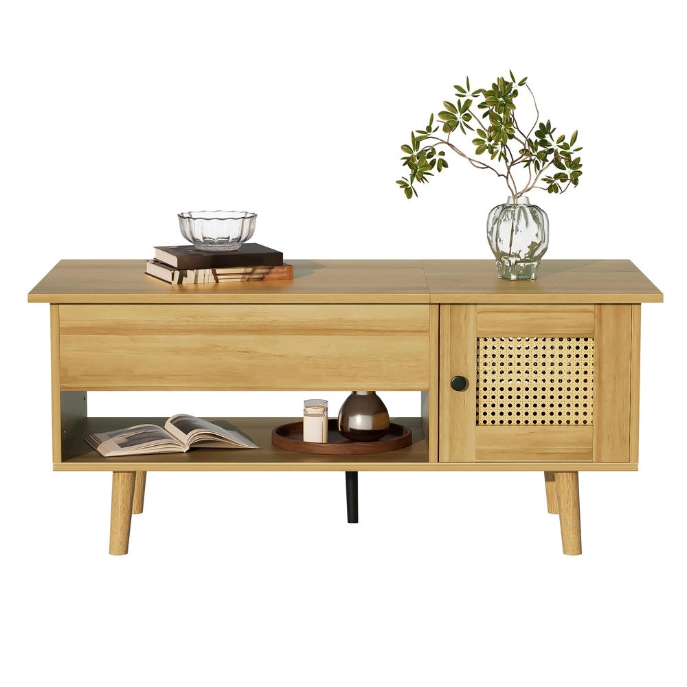 Tavolino da Salotto con Piano Alzabile e Ante in Rattan ¨C MINIMAL ¨C Legno e Nero