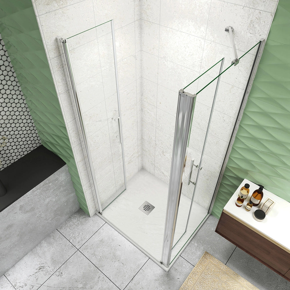 185 cm Box Doccia Angolare Porta Battente Saloon 100 cm Parete Fissa 80 cm Vetro da 6 mm Temperato Anticalcare Barra Stabilizzatrice 45 cm Cromo Lucido