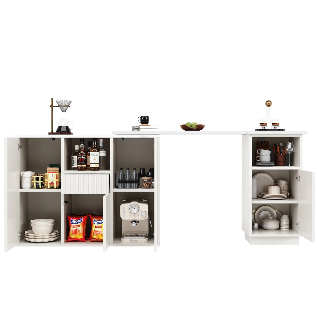 Bancone bar girevole 360° bianco in MDF con piano effetto marmo e contenitori