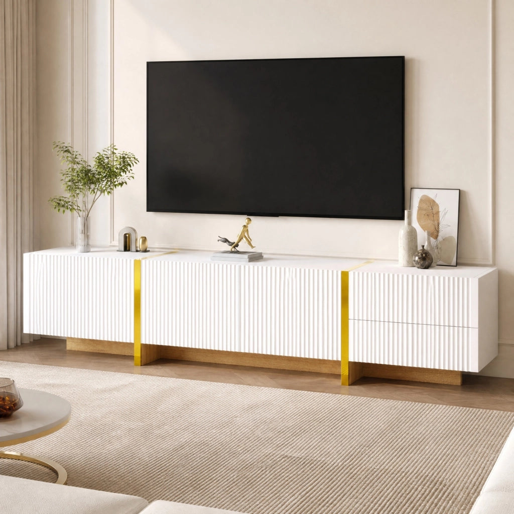 MOBILE TV 190x35x45 cm 3 Ante 2 Cassetti Bianco Oro Effetto legno