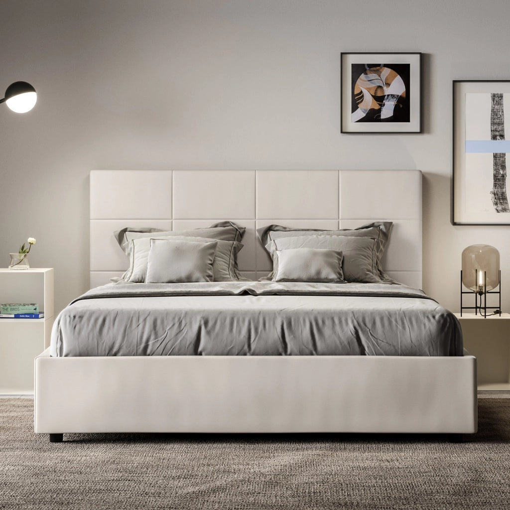 BS COM Letto queen size con rete imbottito 150x200 similpelle bianco