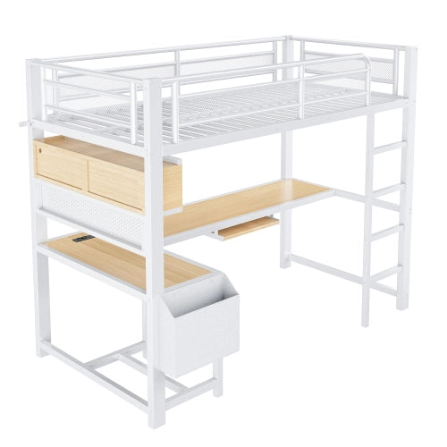 Letto a soppalco con scrivania 90x200 cm LEMONMAX, LED 7 colori, 2 prese e 2 USB, mensole, struttura in metallo, bianco