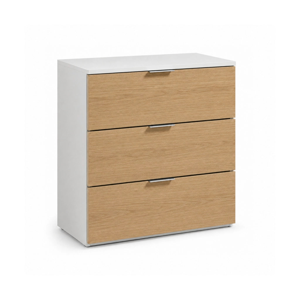 Comò 3 Cassetti Senza Piedi Cassettiera Design Minimal Mobile Per Camera Da Letto Casa Studio Corridoio E Lavanderia 77 X 38 X 80 Cm Bianco E Rovere
