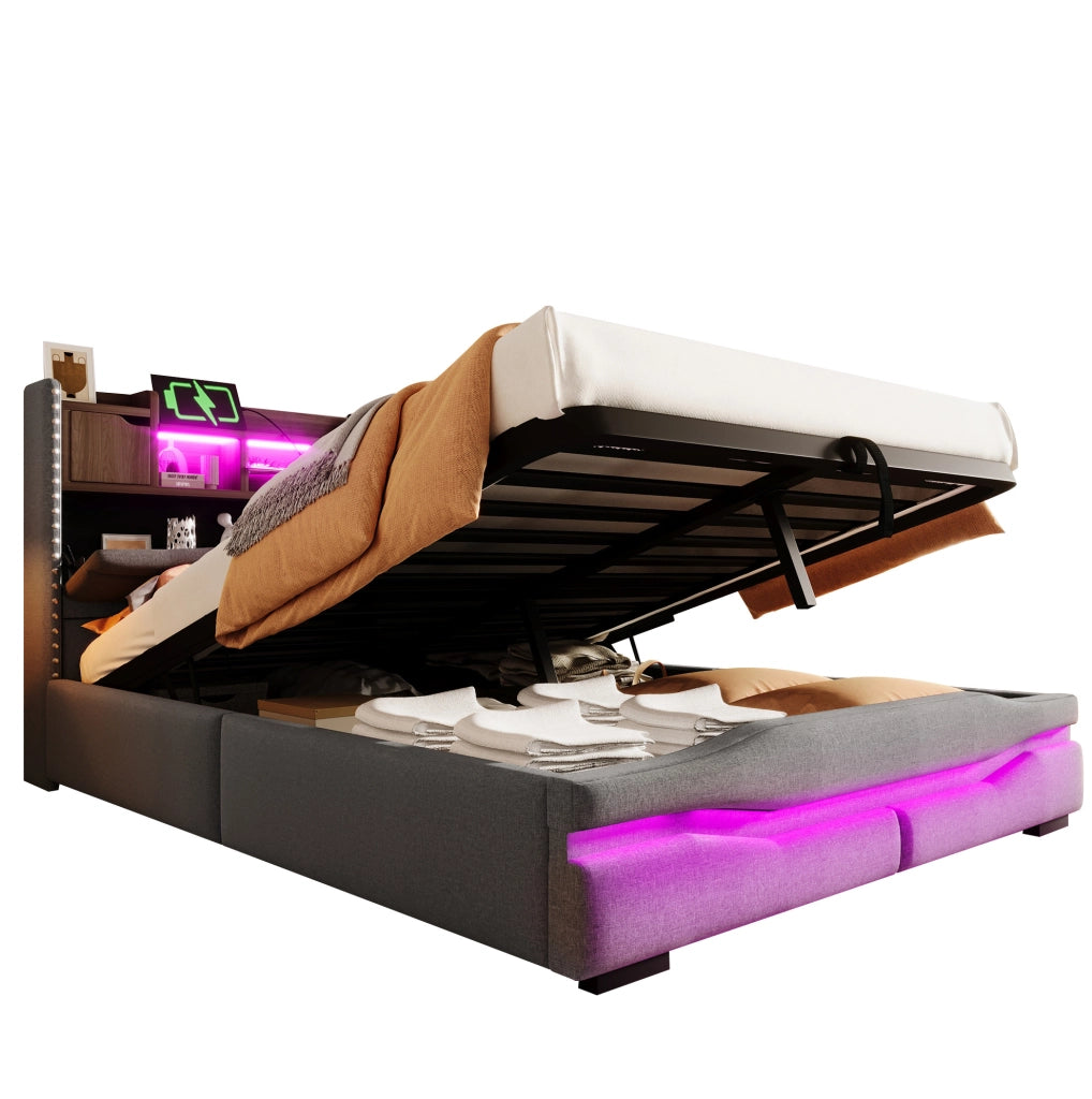 Letto imbottito 140x200 cm con contenitore idraulico, LED e prese USB/Type-C