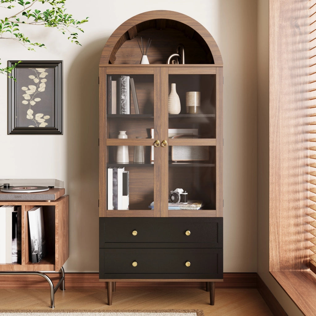 SIDEBOARD con ripiani regolabili 70x38x165 cm MDF e vetro noce