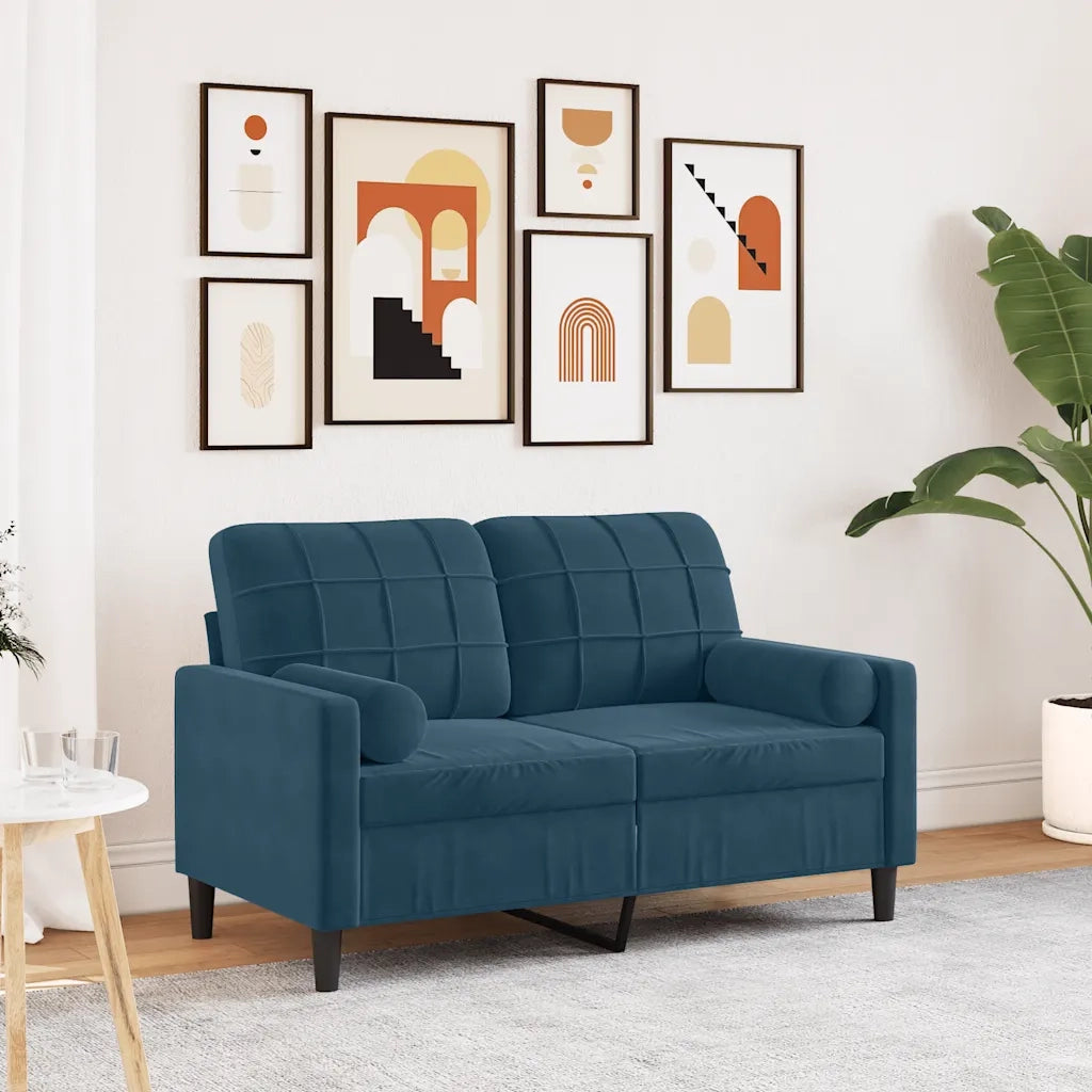 Divano a 2 Posti con Cuscini Blu 120 cm in Velluto
