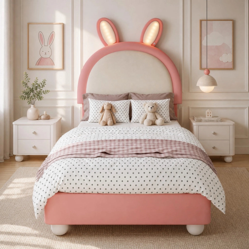 LETTO imbottito 90x200 cm in PU Rosa con testiera a forma di coniglio e LED