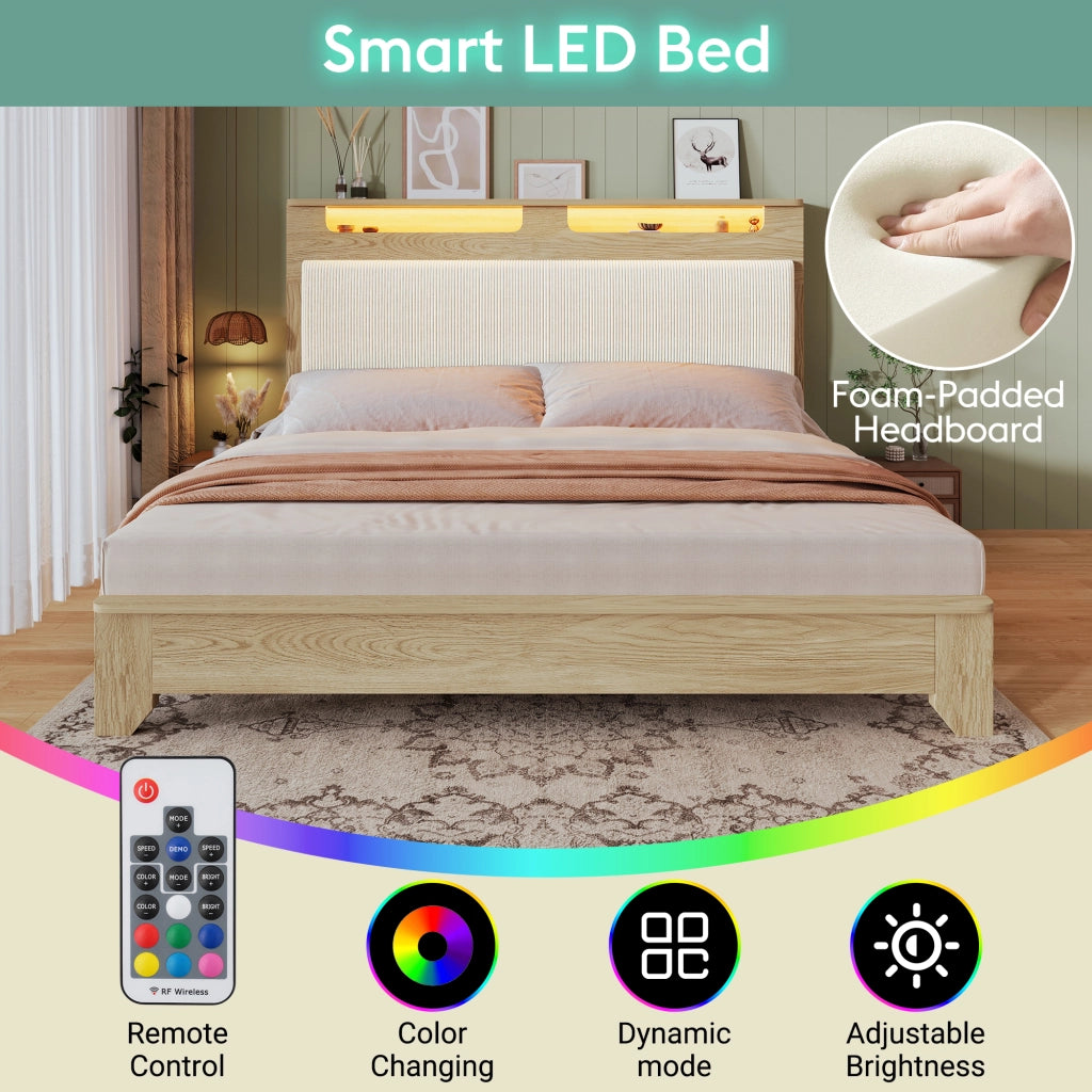 Letto matrimoniale 140×200 cm con LED; testiera con ripiano e panca contenitore; materasso incluso; legno; beige