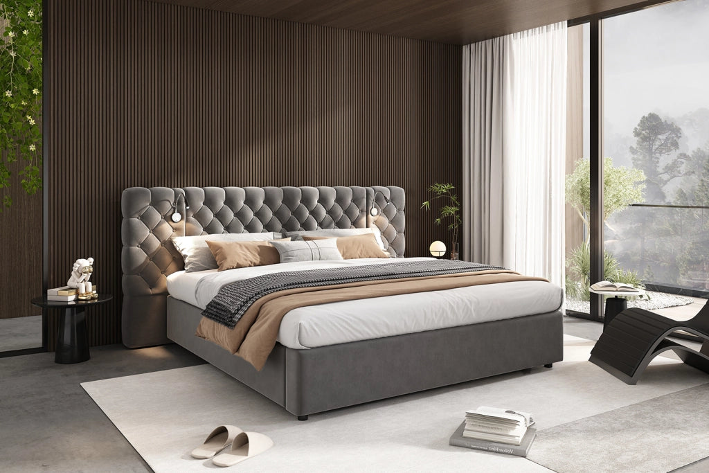 DESMIU Letto con contenitore 180 × 200 cm 2 posti con luce da lettura, vano idraulico e senza materasso, in velluto grigio