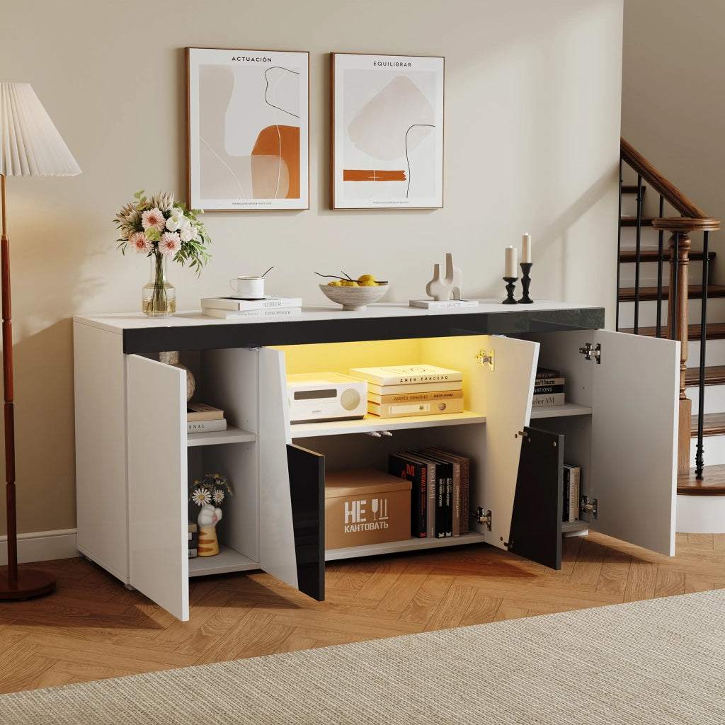 Madia con 4 ante; ripiani regolabili e illuminazione LED - per soggiorno - 140 x 40 x 65 cm