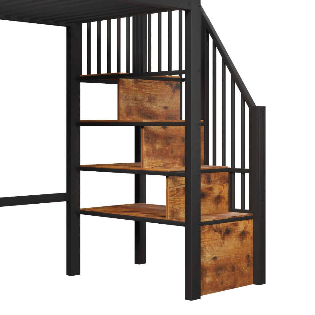 LETTO a soppalco 90x200 cm in metallo e MDF nero con scala contenitore