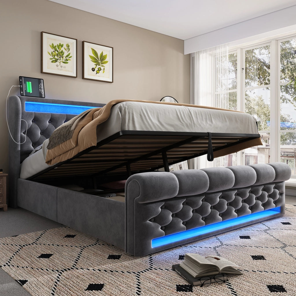 DESMIU Letto contenitore 140 × 200 cm 2 posti con LED, USB e Type C, senza materasso, in velluto, grigio