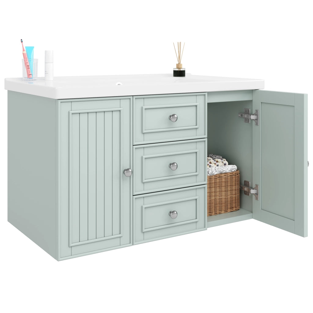 Mobile bagno sospeso con 3 cassetti; lavabo in ceramica e vano contenitore per bagno; verde; 78.5×46×46.8 cm