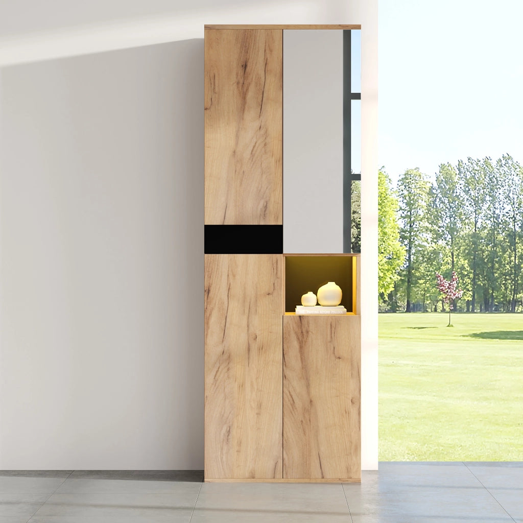 ARMADIO ALTO con specchio e 4 ante 65 x 35 x 190 cm Nero e Naturale