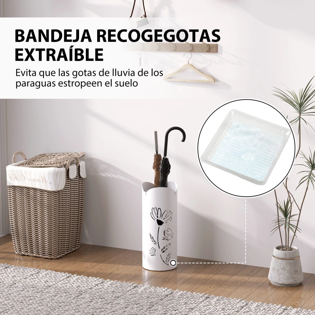 Portaombrelli con 4 Ganci e Vassoio Antigoccia ¨C Xylo ¨C Acciaio Bianco 17x17x41 cm