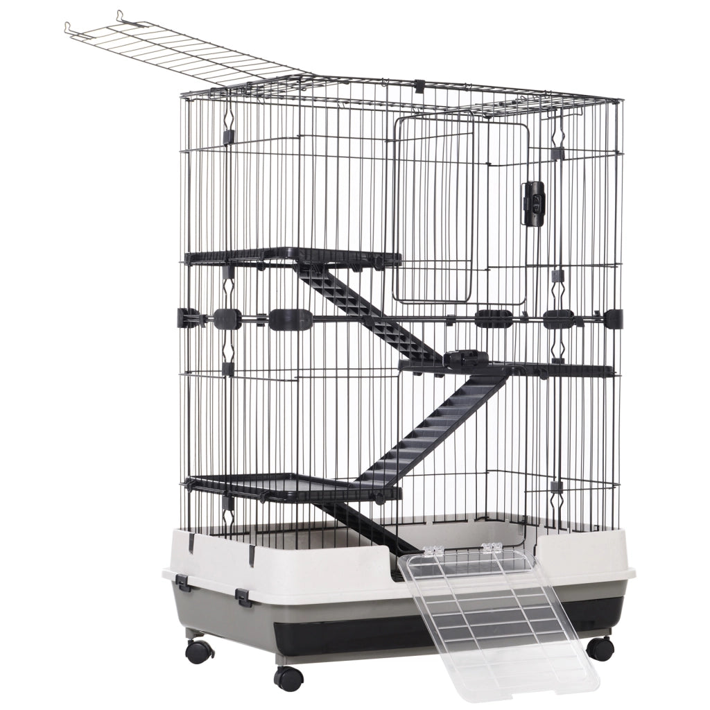 Gabbia a 3 Piani in Metallo con Vassoio per Roditori, Conigli e Furetti con 4 Ruote, 81.2x52.7x114cm, Nera