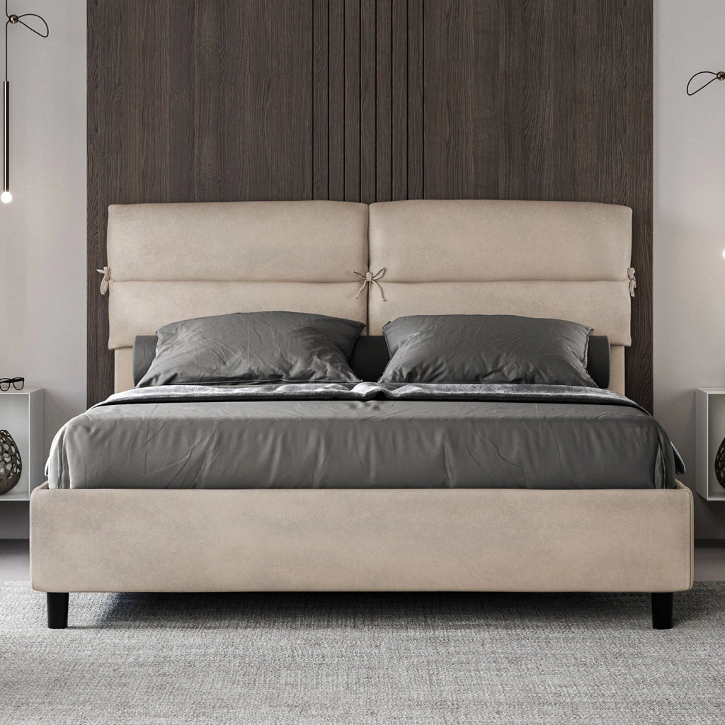 BS COM Letto matrimoniale con rete imbottito 160x190 microfibra sabbia