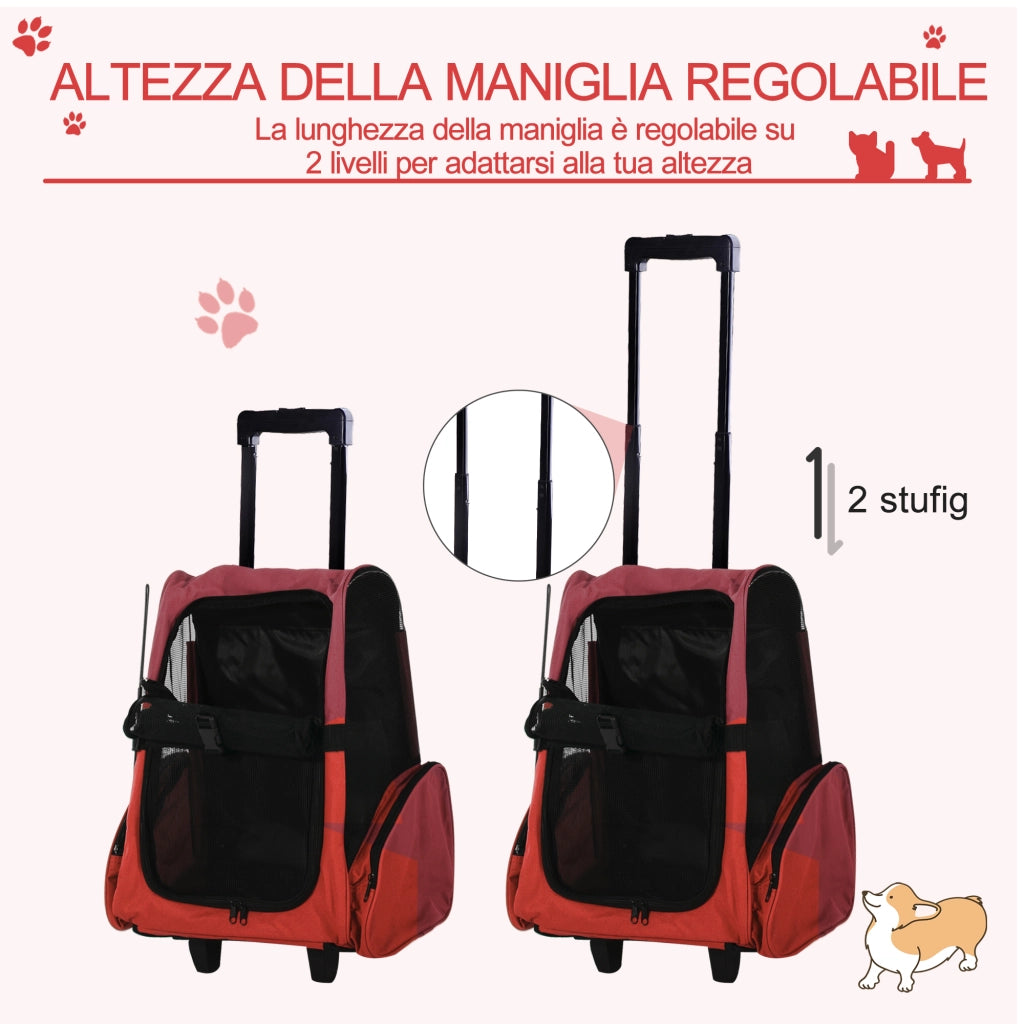 Trasportino Zaino 2 in 1 per Cani e Gatti con Tasche Laterali, Maniglia Telescopica e Ruote, 42x25x55cm, Rosso