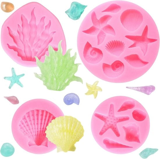 Silicone Molluschi Marittimi Tema - Alga Stellare Conchiglia Forma - Cioccolato Dolce Fudge - Attività di Ricamo - Oceano Blu - 4 pezzi
