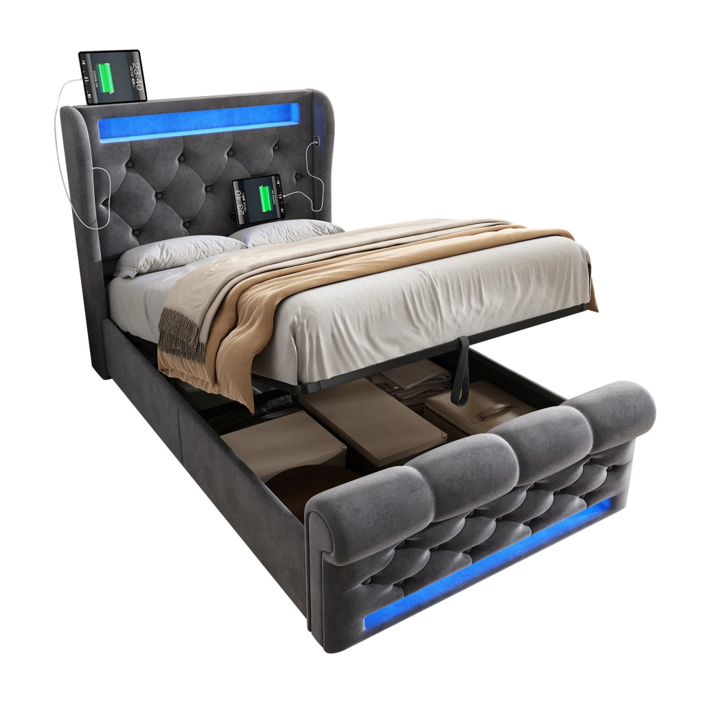 Letto imbottito con contenitore 90x200 cm in velluto grigio; LED integrato; USB e Type-C; con materasso