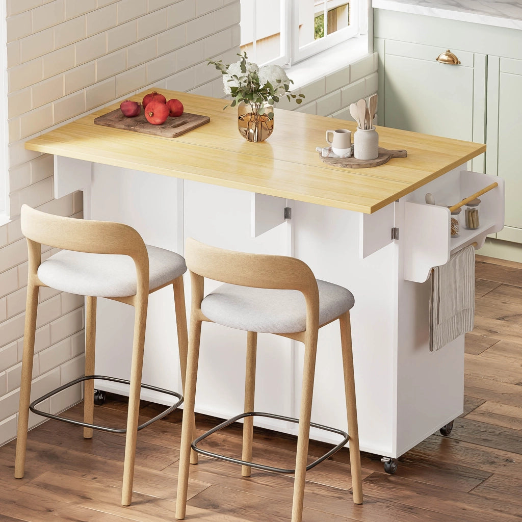 Carrello da cucina con piano ribaltabile; 1 cassetto; 3 vani; ripiani regolabili e ruote; in MDF; naturale bianco
