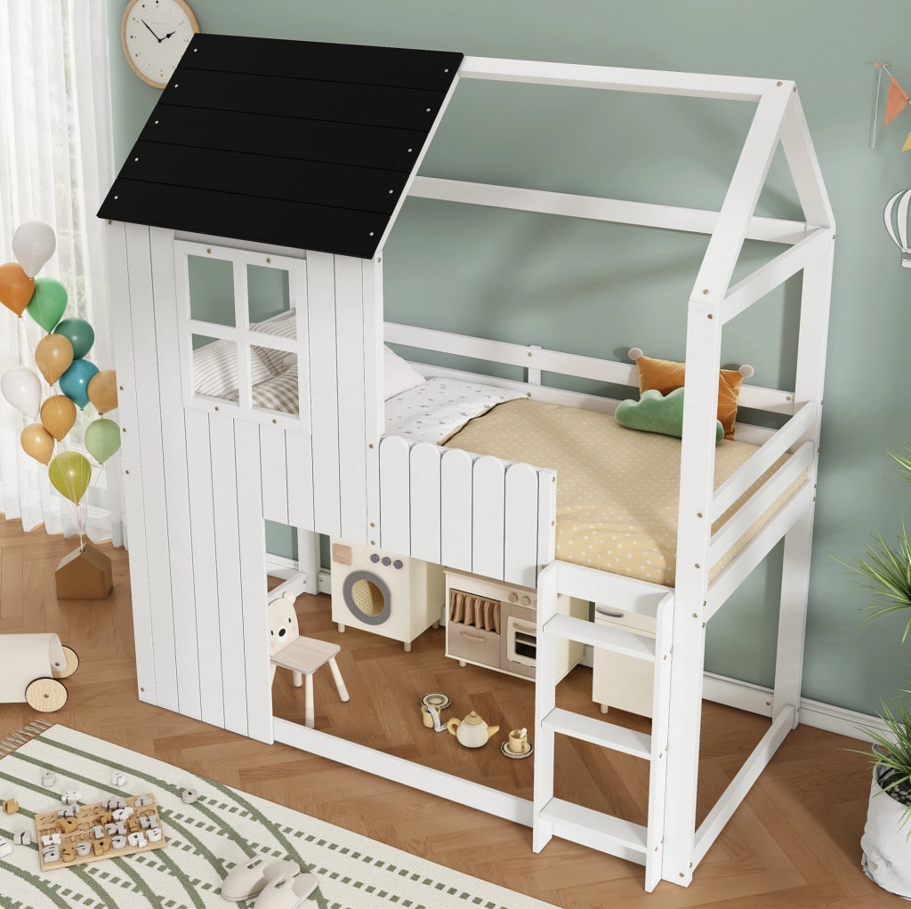 Letto a soppalco per bambini 90x200 cm con design casetta e scala