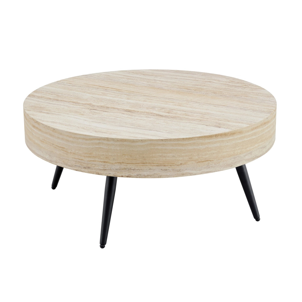 Tavolino rotondo da salotto 70 cm in MDF effetto travertino chiaro con gambe in metallo nere