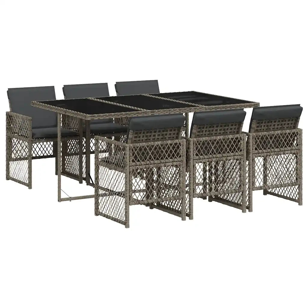 Set da Pranzo da Giardino 7 pz con Cuscini in Polyrattan Grigio