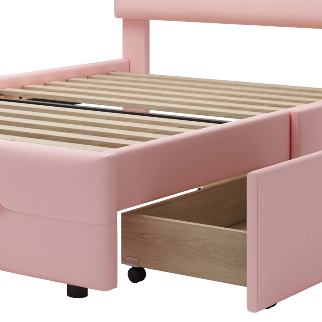 LETTO 90x200 cm Rosa con LED e 2 cassetti