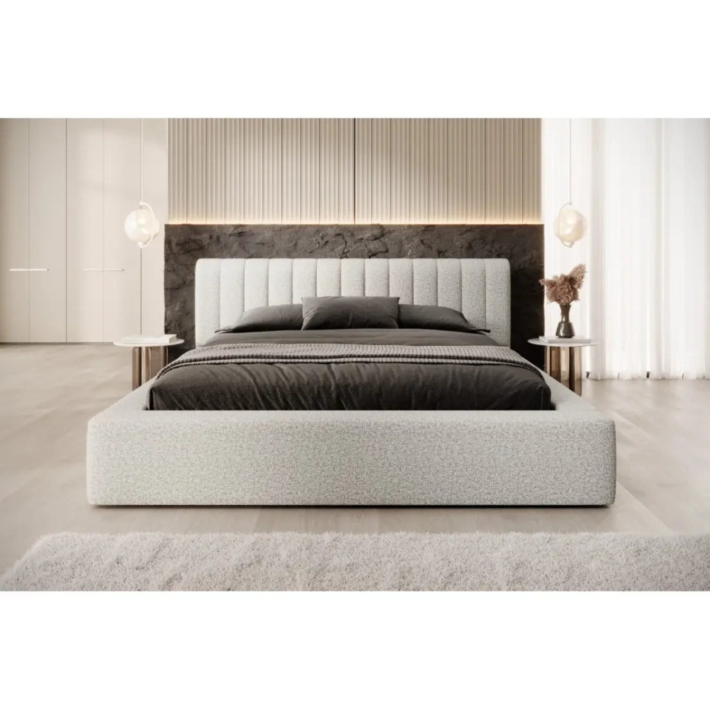 Lit coffre CERVIN – Tessuto bouclé Sabbia nuvolosa – 160x200 cm – Rete sollevabile – Design contemporaneo
