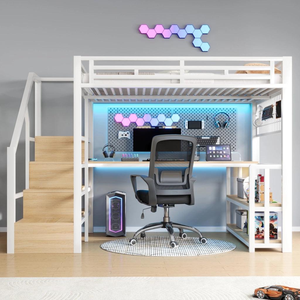 Letto a Soppalco con Scrivania e LED ¨C MINIMAL ¨C Bianco, 140x200, Metallo