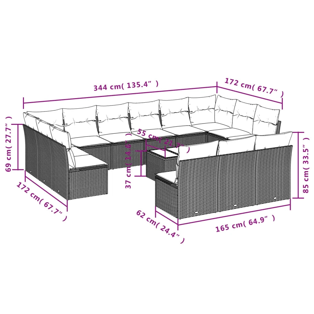 Set Divani da Giardino 14pz con Cuscini in Polyrattan Nero
