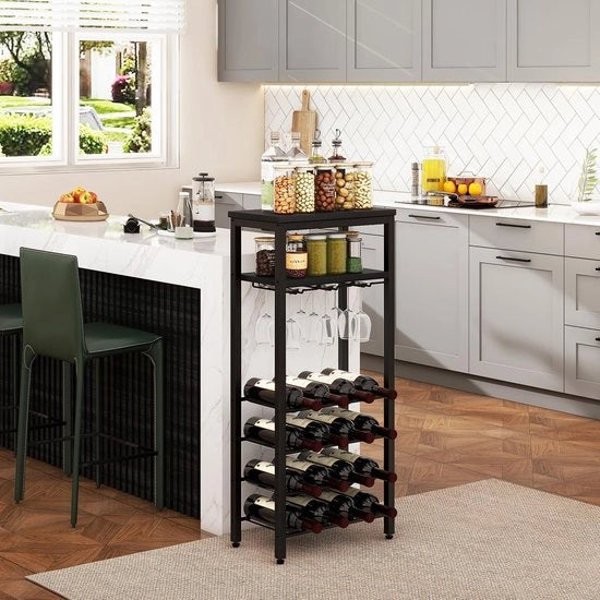 Wijnrek per 16 flessine, wijnrek stante libero di metallo con vetrino, display di vino, mini-bar per vino per tavolo per soggiorno, cucina, sala da pranzo, nero