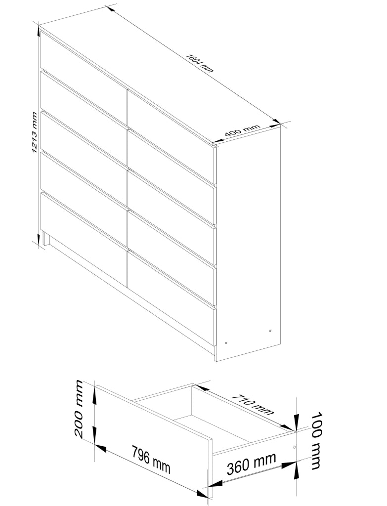 Cassettiera AKORD K160 Bianca 160 cm 10 cassetti inserto frontale Sonoma Quercia 160x40x121 cm