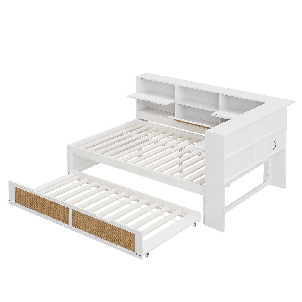 DESMIU Divano Letto 140 × 200 cm con Letto Estraibile 90 × 190 cm, prese USB, senza materasso, in legno, bianco