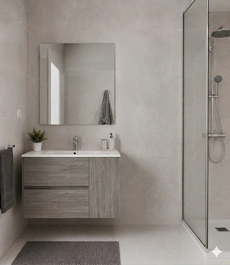 Mobile Bagno HEIMDALL Già Montato 2 cassetti e porta, lavabo e specchio Rovere affumicato 120x45 cm doppio lavabo