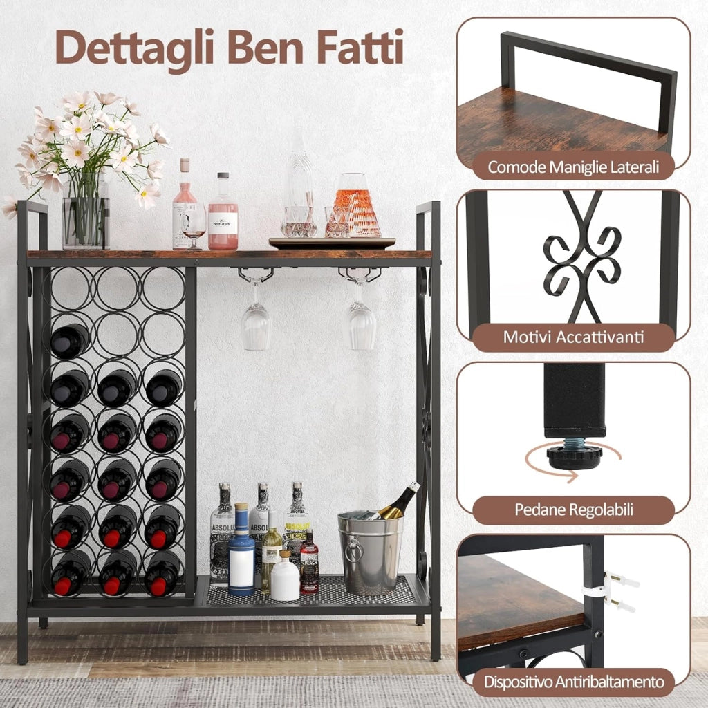 Portabottiglie da Terra per 21 Bottiglie, Portabottiglie da Vino con Supporto per Bicchieri, Piano in Legno e Mensola per Stoccaggio, Struttura Metallica，per Cucina e Bar (Marrone)