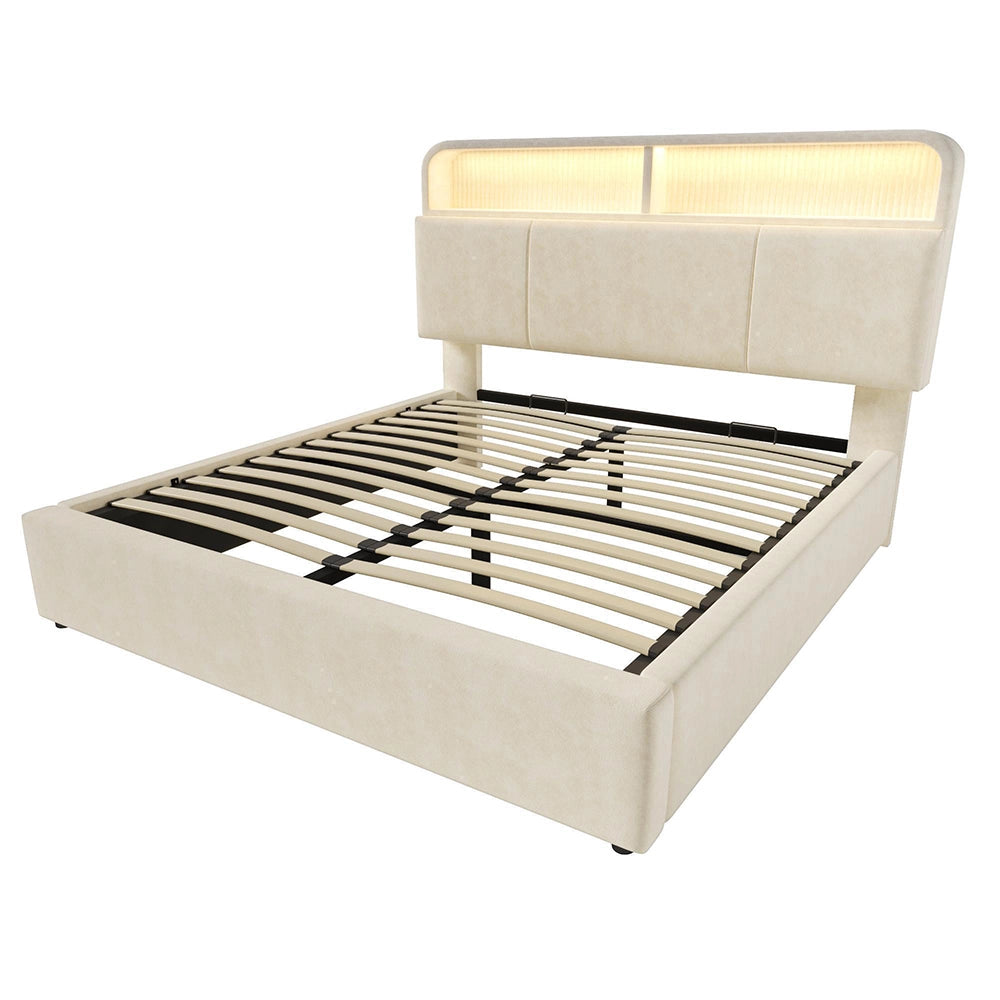 Letto Matrimoniale Idraulico 140x200cm - Xylo - Testiera Regolabile LED con USB, Velluto Beige