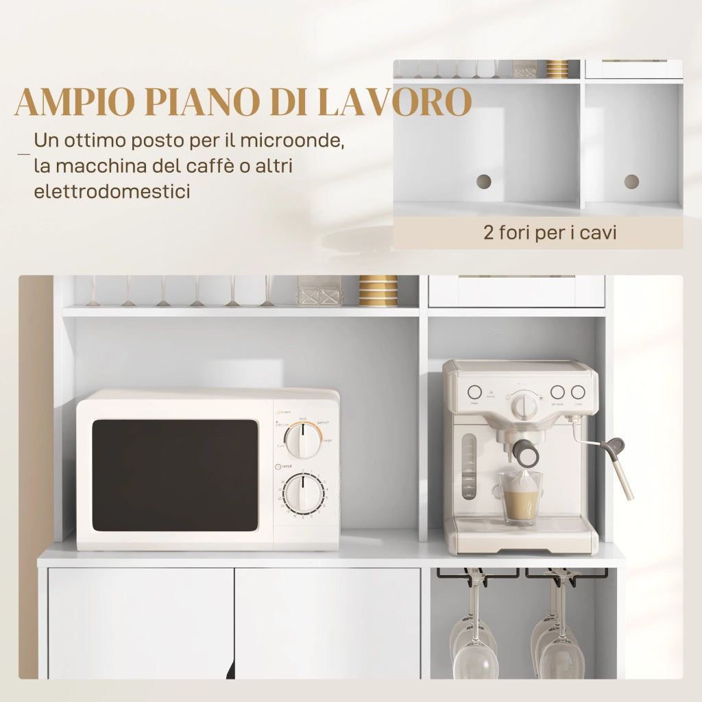 Mobile Dispensa con Portabottiglie, Armadietti, Ripiani e Cassetto, in Truciolato e Legno, 100x38x172 cm, Bianco
