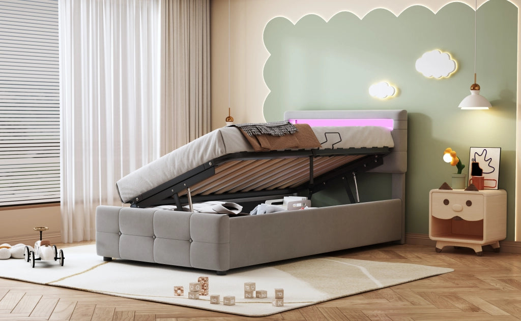 DESMIU Letto contenitore 90 × 200 cm 1 posto con LED, vano idraulico, testiera regolabile, senza materasso, in velluto, grigio