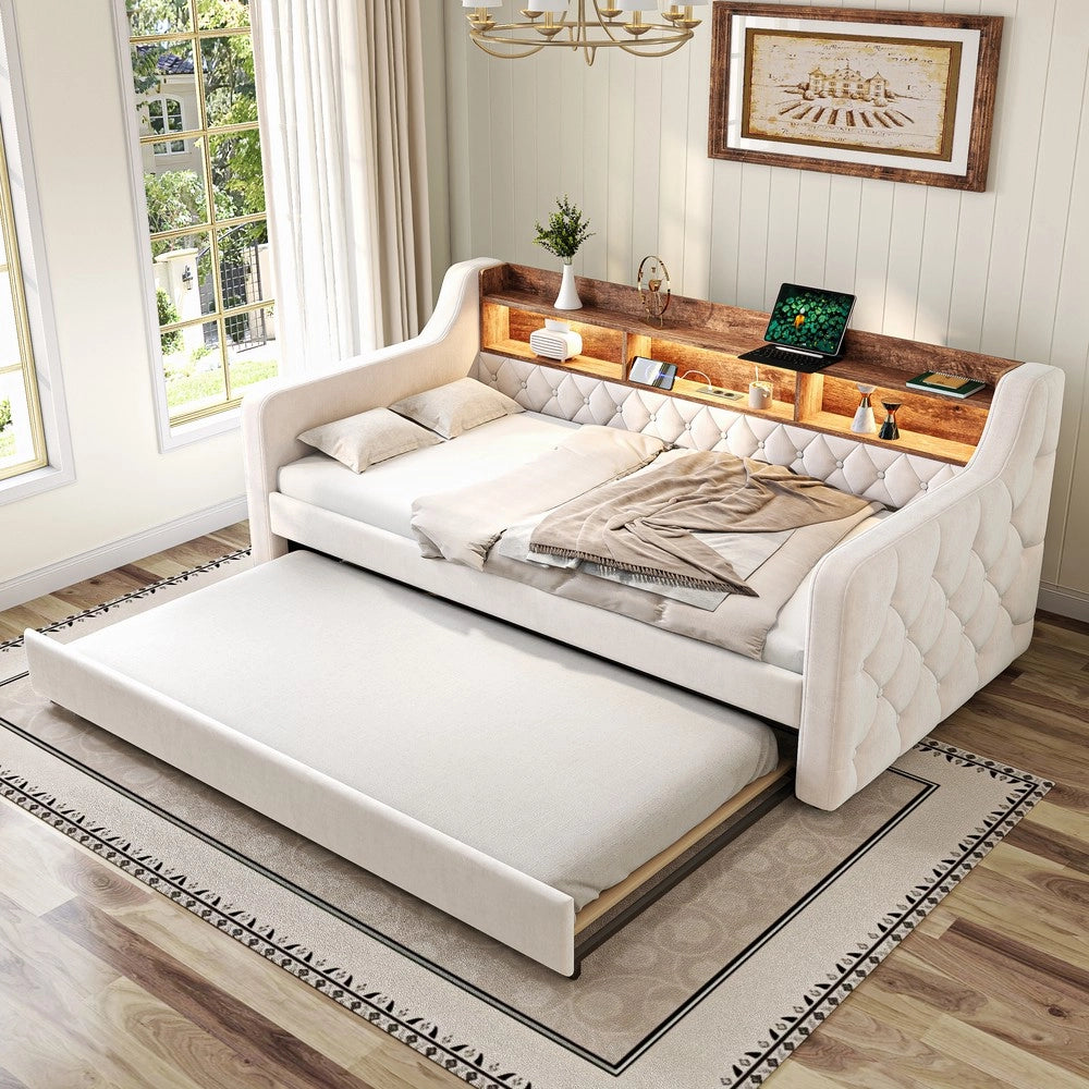Divano Letto 90x190 in Velluto con Contenitore, LED e Struttura Metallo ¨C Xylo ¨C Beige