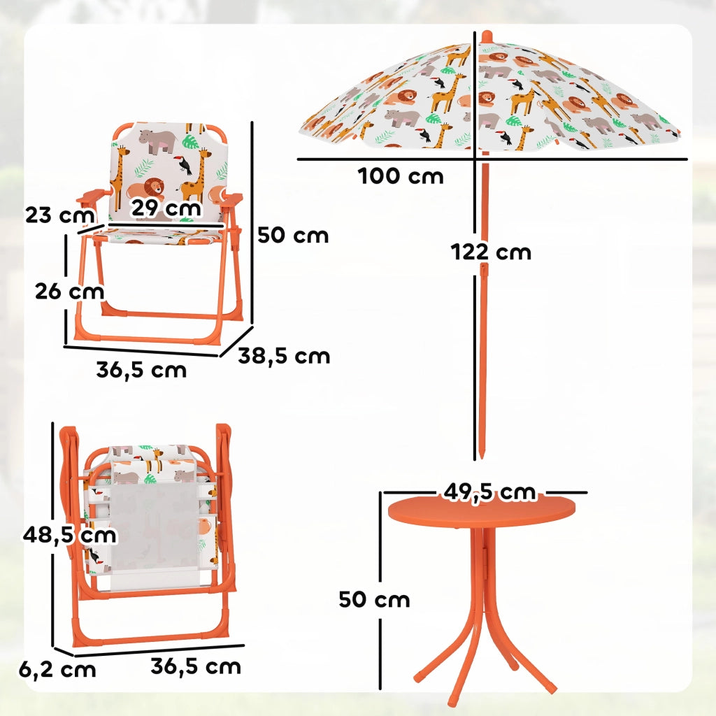 Set giardino bambini ¨C zephmum ¨C tavolo con 2 sedie pieghevoli e ombrellone, motivo animali, arancione