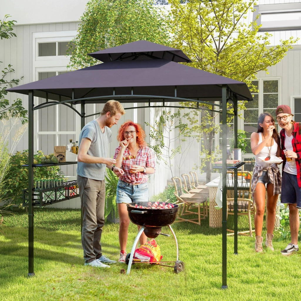 Gazebo barbecue con 2 ripiani laterali cestino ganci appendiutensili, Tendone da esterno per barbecue 242x153cm Grigio scuro