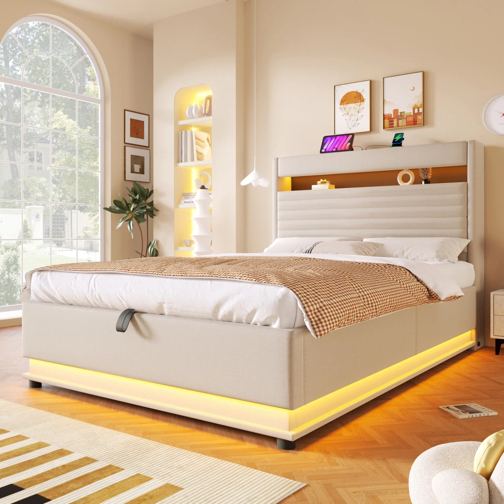 Letto imbottito 140x200 cm beige con LED, USB-C e contenitore