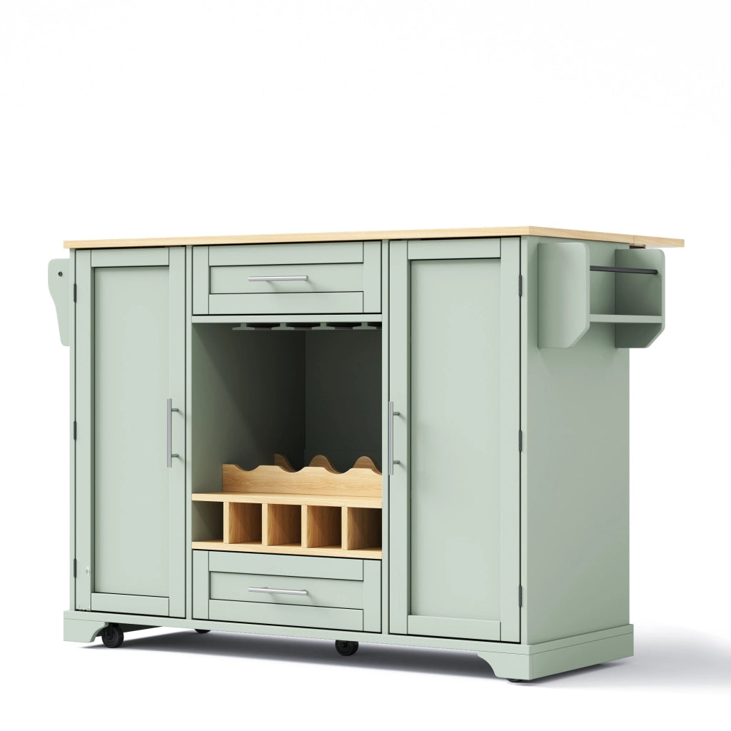Carrello da cucina con piano estraibile; 2 ante e 2 cassetti con porta bottiglie; in MDF; verde antico; 138×70×92 cm