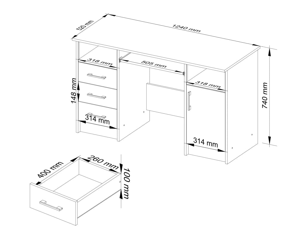 Scrivania AKORD ANA Ontano 124 cm 1 anta 3 cassetti 124x52x74 cm