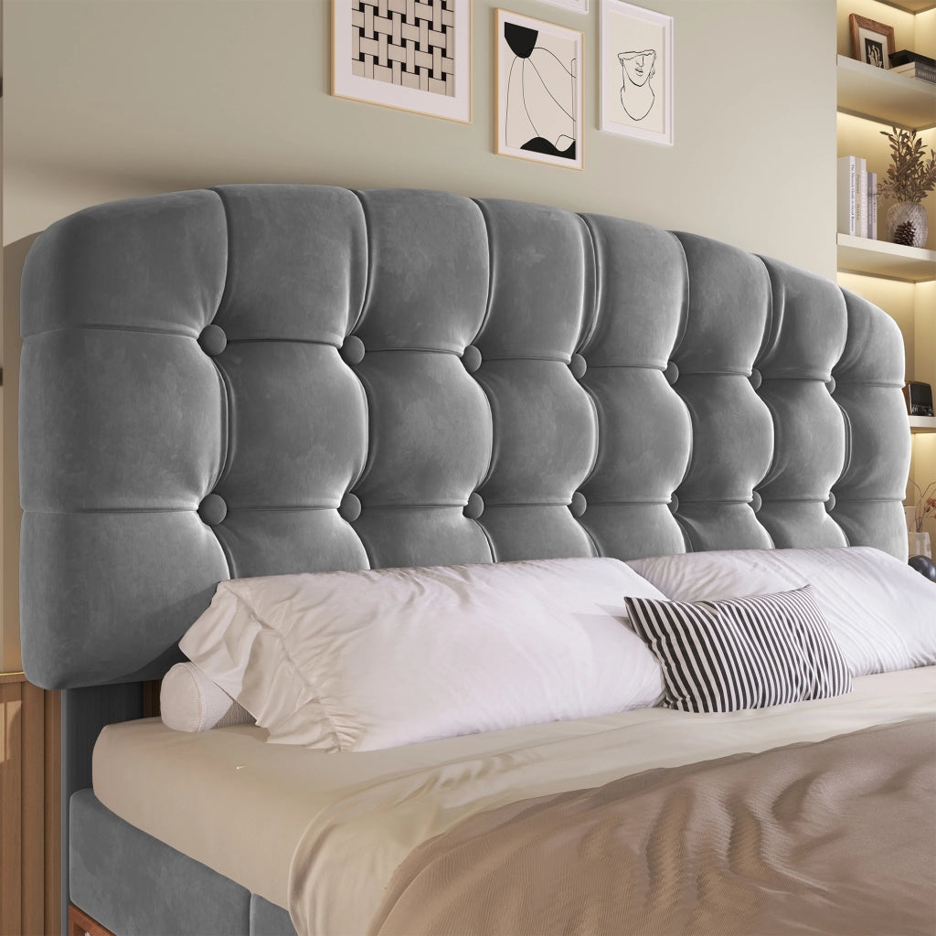 DESMIU Letto imbottito 140 × 190 cm 2 posti con testiera regolabile, vani e cassetti, senza materasso, in velluto grigio