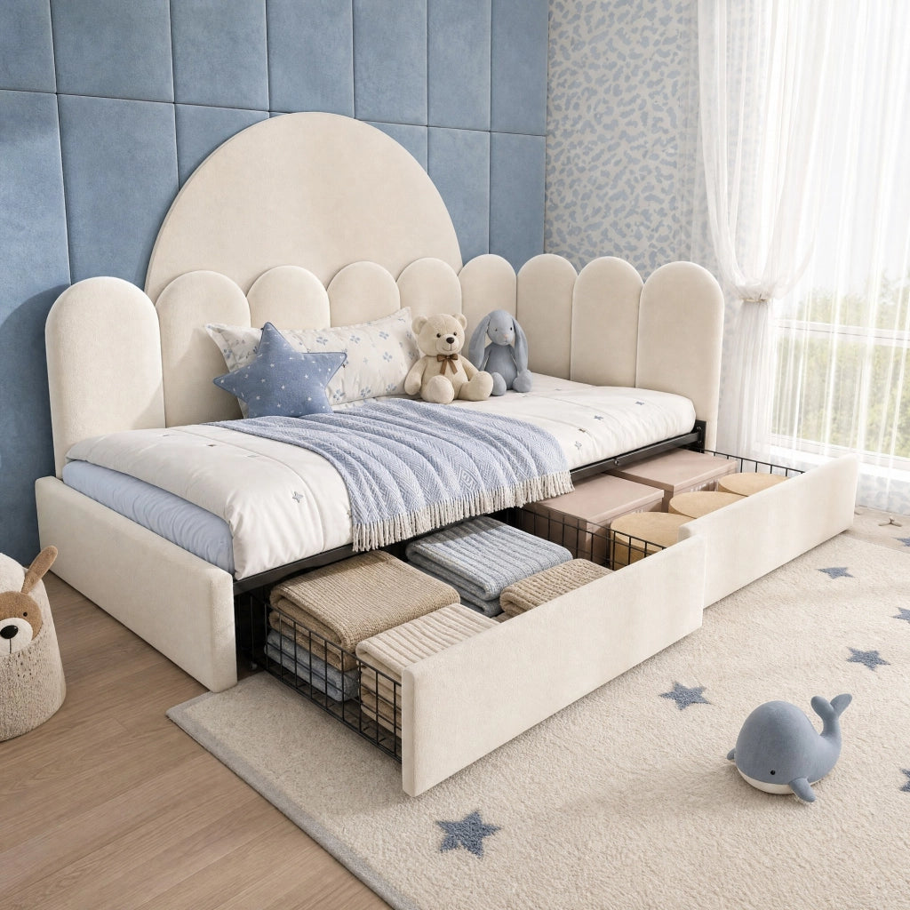 Letto singolo imbottito 90x190 cm con 2 cassetti e rete a doghe; velluto beige