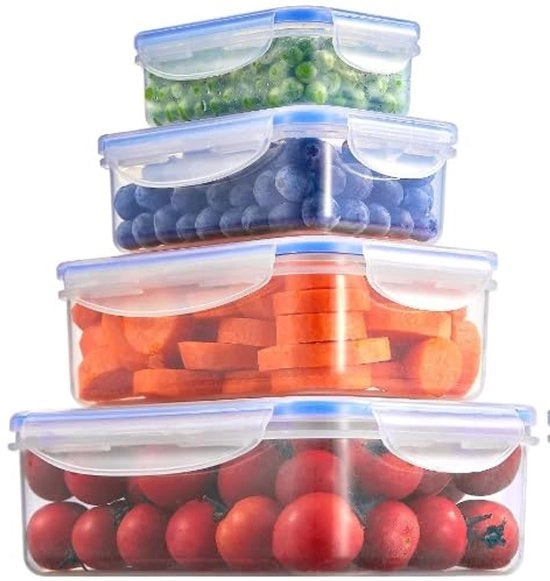 Contenitore di Cibo con Coperchio, Contenitori di Deposito Plastici a 4 Parti, Resistenti a Lavastoviglie, Microonde e Congelatore, Stivabili, Translucidi